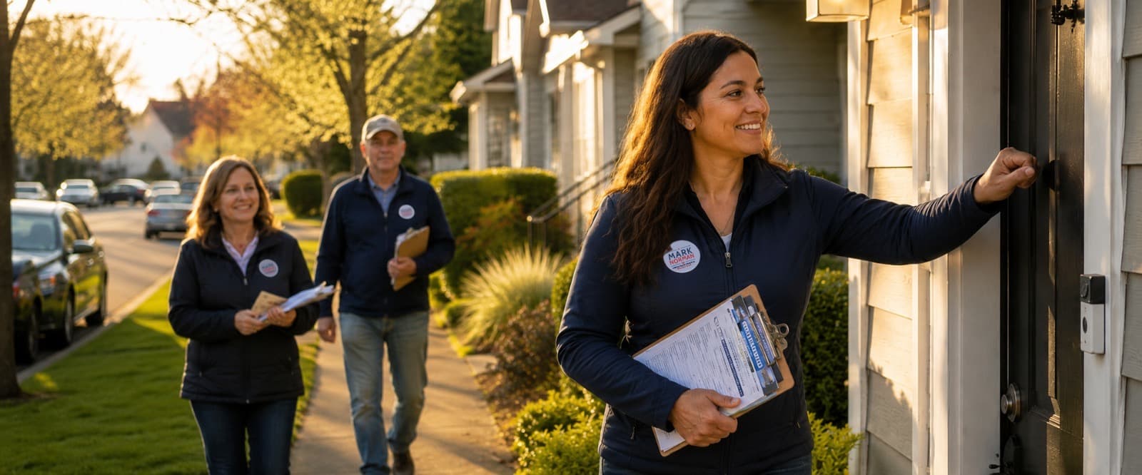 Volunteers walking a neighborhood with clipboards, knocking on a door at golden hour.