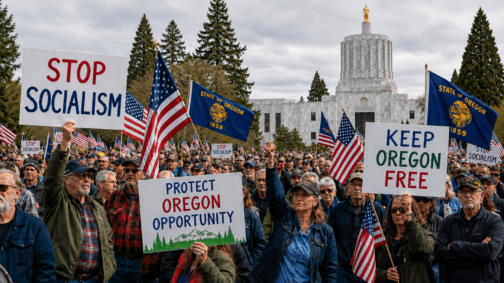 Oregonians gathered at the State Capitol in Salem holding signs reading Stop Socialism, Keep Oregon Free, and Protect Oregon Opportunity.